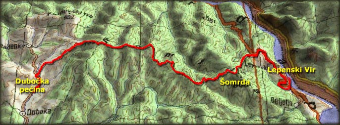 Mapa vožnje Duboka - Šomrda - Lepenski Vir